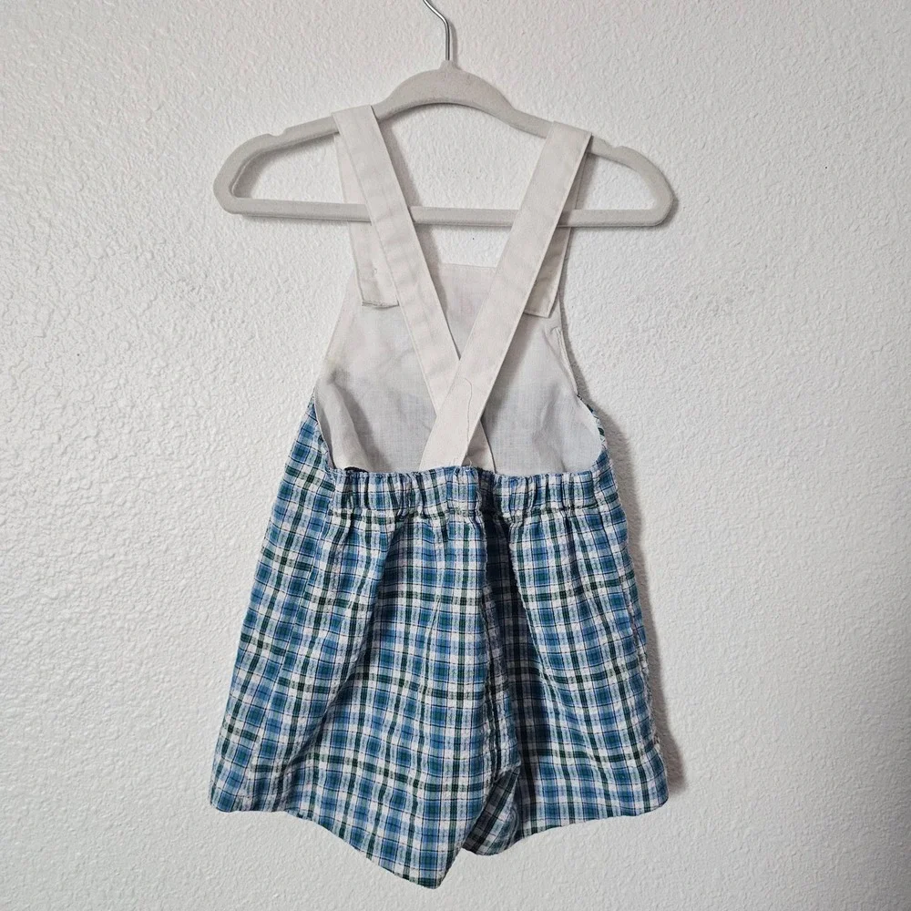 Vintage 18M Golf Teddy Bear Romper and Cardigan Set Blue Green Plaid 2pc
